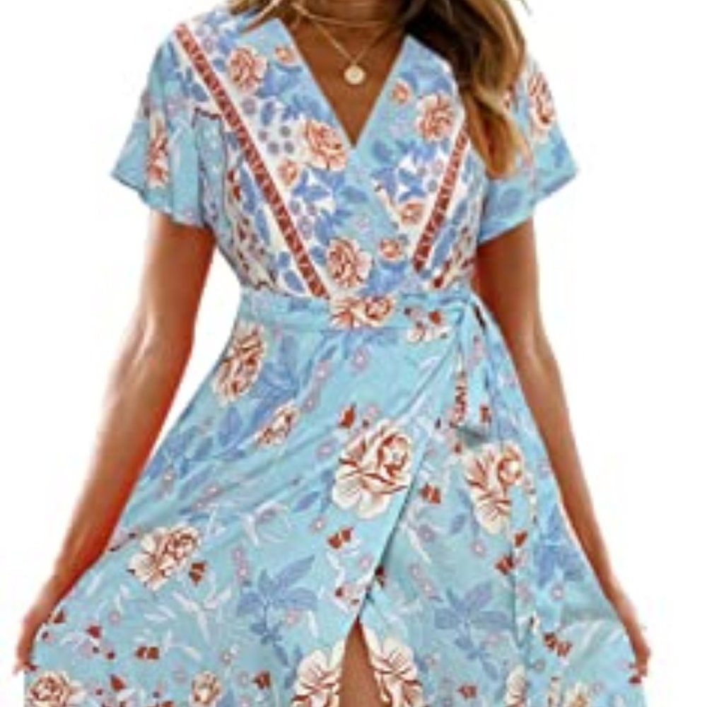 Bohemian Floral Printed Wrap V Neck Short Sleeve